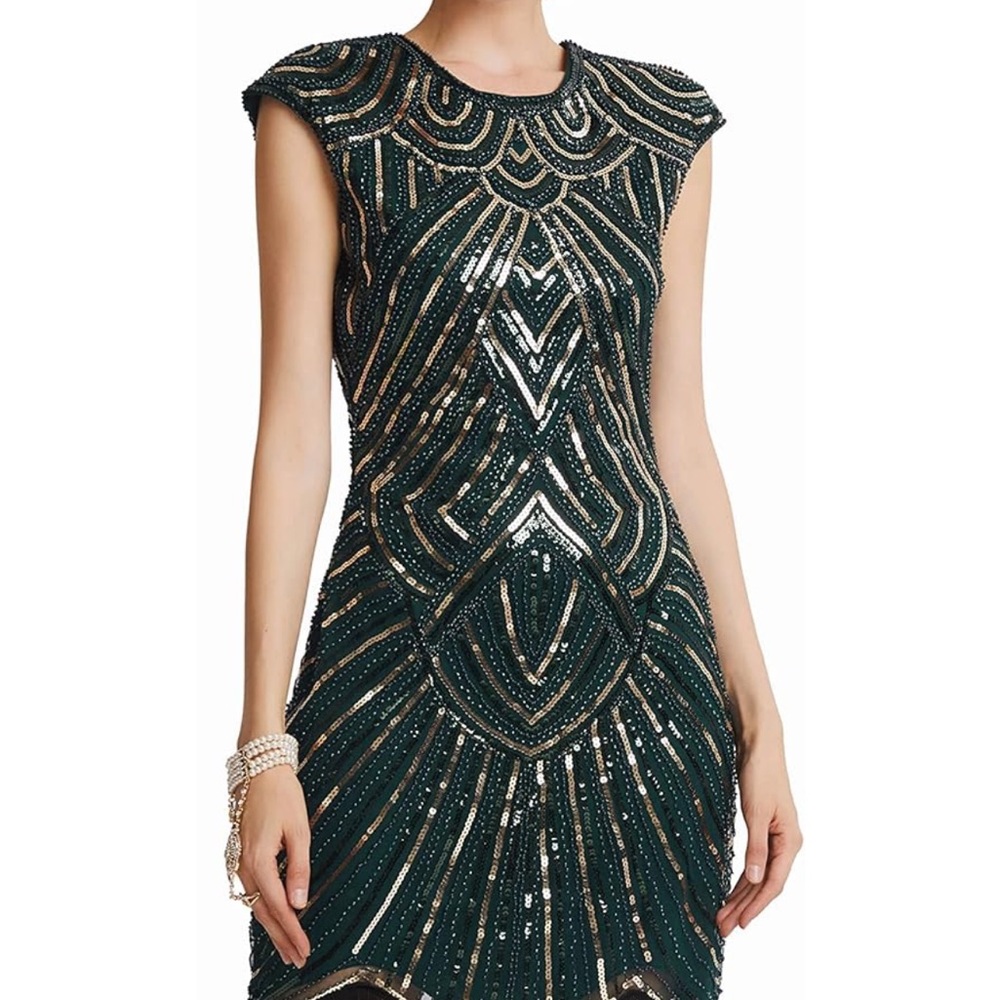BABEYOND Women's Flapper Dress 1920s Beaded Fringed Great Gatsby Green Medium - Picture 9 of 9